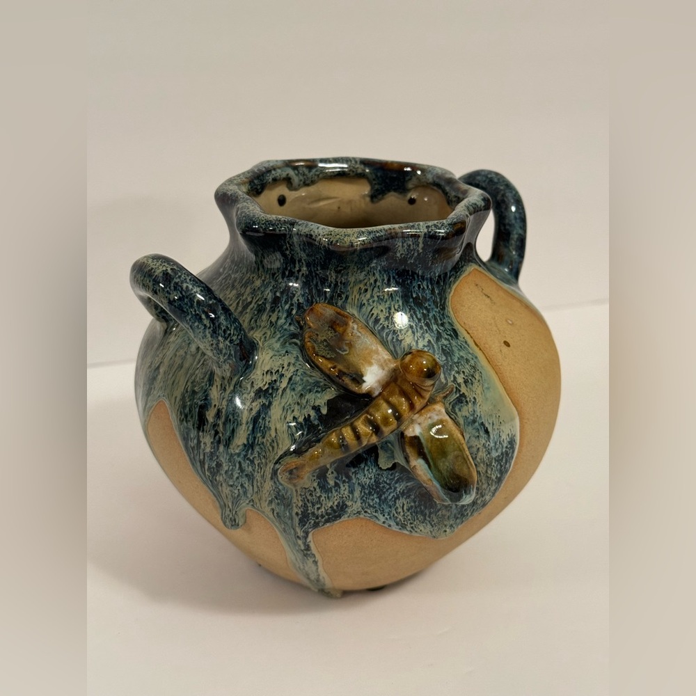 Vintage Studio Pottery Handcrafted Vase with Dragonfly Design